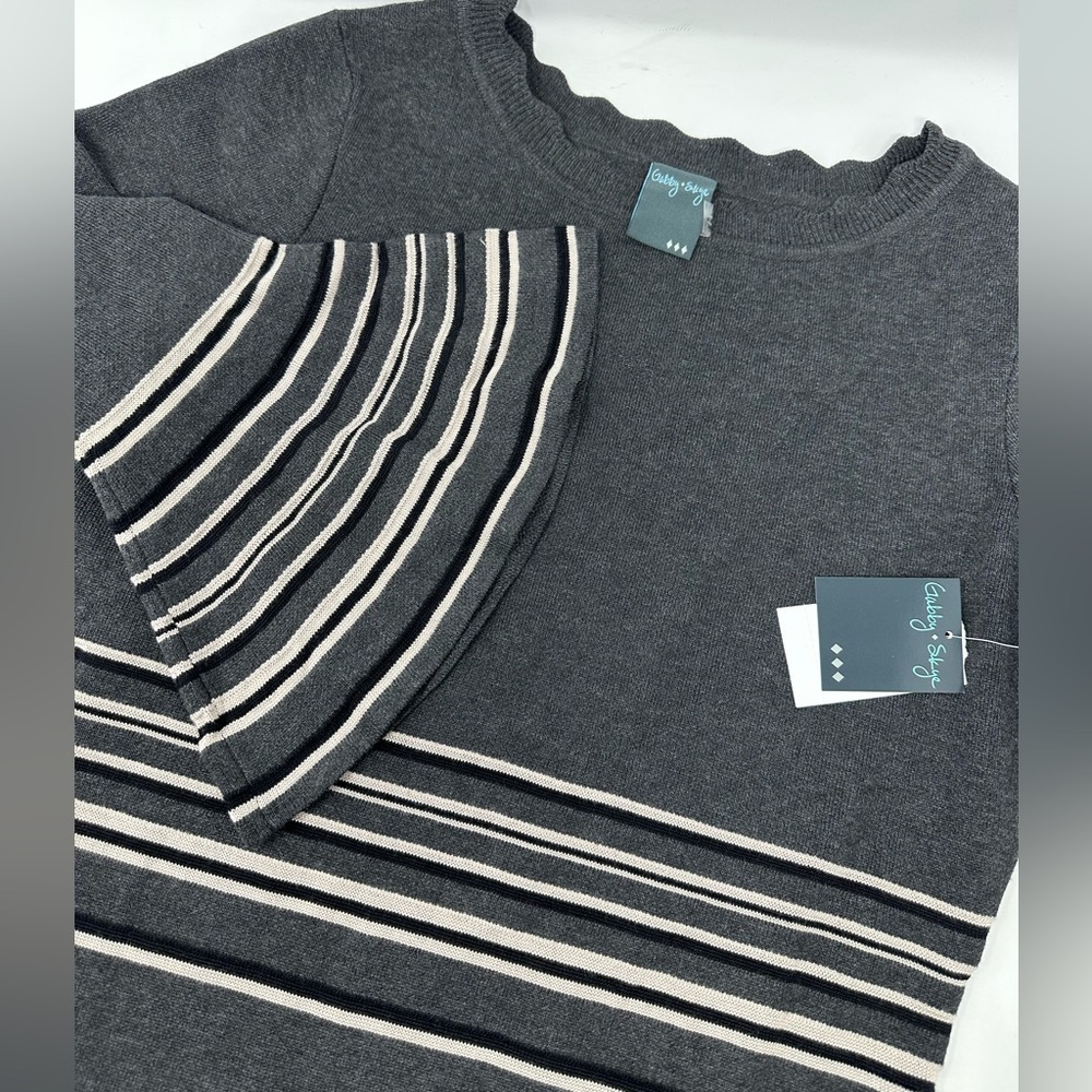 Gabby Skye Sweater Dress Womens Graphite Sz L 3/4 Sleeve Flare Cuff Knit NEW Q7